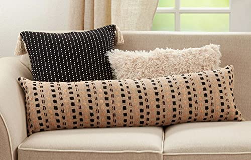 Fennco Styles Line-Stitch Tassel Cotton Decorative Throw Pillow 18" W x 18" L - Black Square Cushion for Home, Couch, Office, Bedroom and Living Room Décor
