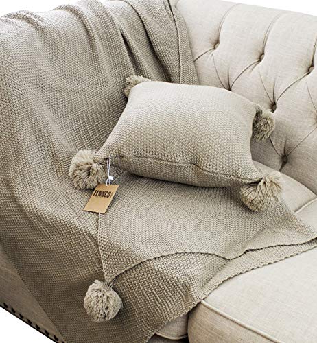 Fennco Styles Chunky Knit Pom Pom Design Solid Color Decorative Throw Pillow Cover 16" W X 16" L - 2 Colors