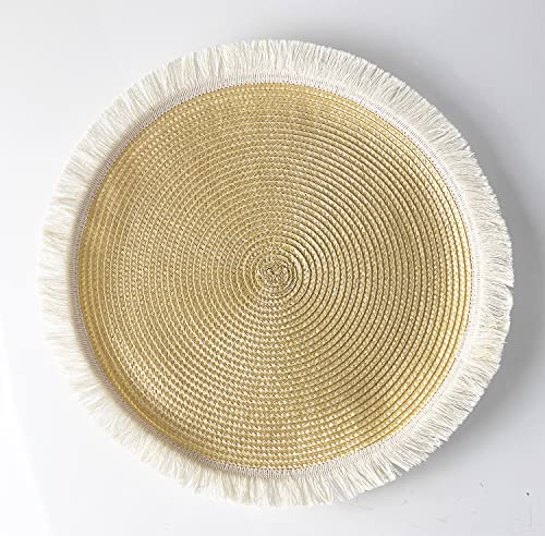 Fennco Styles Hand Braided Fringe Boho Placemats 15 Inch Round, Set of 4 - Beige & White Woven Textured Table Mats for Home, Dining Room, Banquets, Family Gathering and Special Occasion