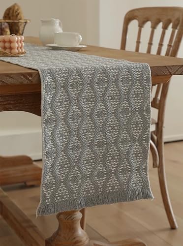 Fennco Styles Modern Diamond Woven Table Runner 14" W x 72" L - Ivory Geometric Fringe Table Mats for Dining Room, Banquets, Family Gatherings, and Holidays