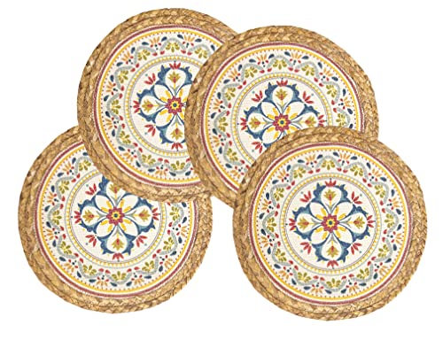 Fennco Styles Eclectic Mandala Water Hyacinth Edge Placemats 13" Round, Set of 4 - Multicolored Block Print Heat Resistant Insulation Table Mats for Home, Boho Décor, Dining Table, Banquets, Holidays