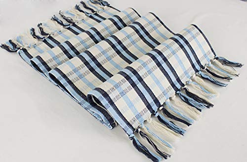 Fennco Styles Woven Tartan Plaid Tassels Cotton Blend Tablecloth - Blue and Ivory 55 x 55 inch Square Table Cover for Banquets, Holiday, Special Events and Home Décor