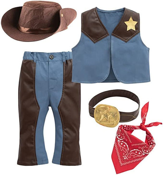 stylesilove Toddler Boys Blue Western Cowboy Vest, Pants, Hat, Red Bandana and Belt 5pcs Outfit