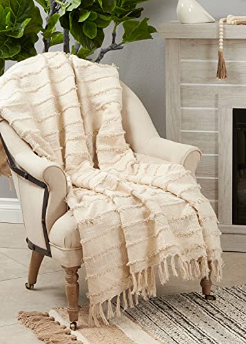 Fennco Styles Boho Fringe Striped Cotton Throw Blanket with Tassel 50" W x 60" L – Natural Blanket for Couch, Bedroom and Living Room Décor