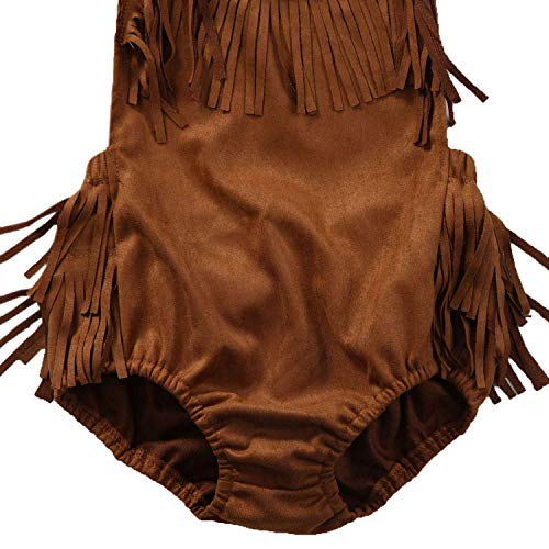 Infant Baby Girl Summer Halter Fringe Suede Brown Sunsuit Romper | Western Style, Adjustable Straps, 0-18 Months