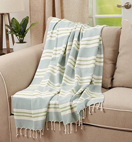 Fennco Styles Mixed Stripes Fringe Cotton Throw 50" W x 60" L - Aqua Throw Blanket for Couch, Living Room, Bedroom, Christmas, Holiday and Home Décor