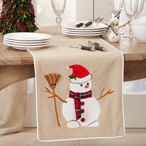 Fennco Styles Embroidered Snowman Christmas Cotton Table Runner 16" W x 72" L - Natural Festive Table Cover for Home Décor, Dining Table, Banquet, Holiday, Family Gathering and Special Occasion