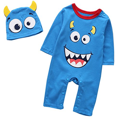 stylesilove Baby Boy Little Monster Cotton Long Sleeve Romper and Hat 2 pcs Outfit Set