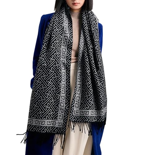 stylesilove Women Geometric Maze Print Cashmere Scarf with Fringe Ultra Soft Shawl Scarves Neck Wraps, 2 Colors