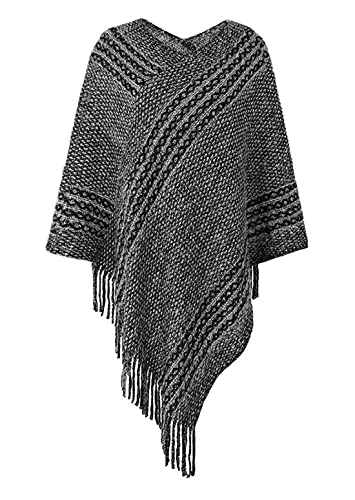 stylesilove Autumn Winter Women Stripe Knitted V-Neck Fringe Poncho Pullover Sweater Lightweight Cape Cozy Wrap Tassel Shawl