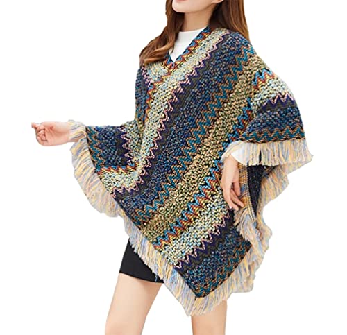 stylesilove Women Autumn Winter Knitted Tassel Irregular Pullover Poncho Sweater Soft Wrap Cape Lightweight Shawl