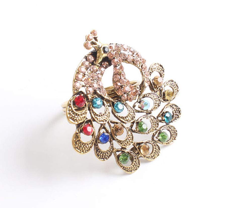 Fennco Styles Decorative Bejeweled Design Peacock Metal Napkin Rings, Set of 4 - Multicolored Napkin Rings for Family Dinner, Theme Party, Wedding, Special Event and Home Décor
