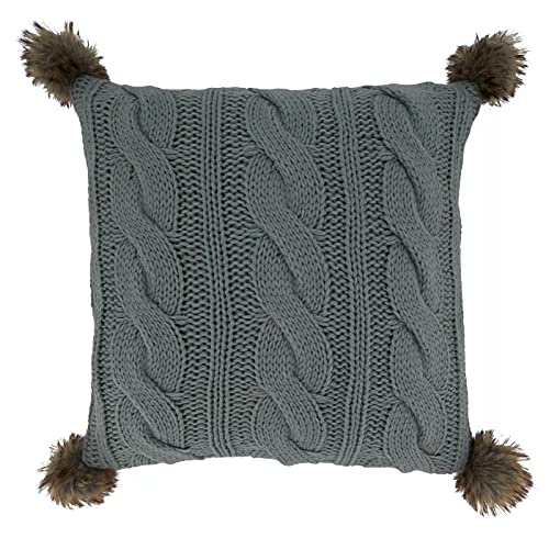 Fennco Styles Classic Cable Knitted Pom Pom Decorative Throw Pillow 18" W x 18" L – Grey Textured Cushion for Home, Couch, Sofa, Bedroom, Office Décor and Special Occasion