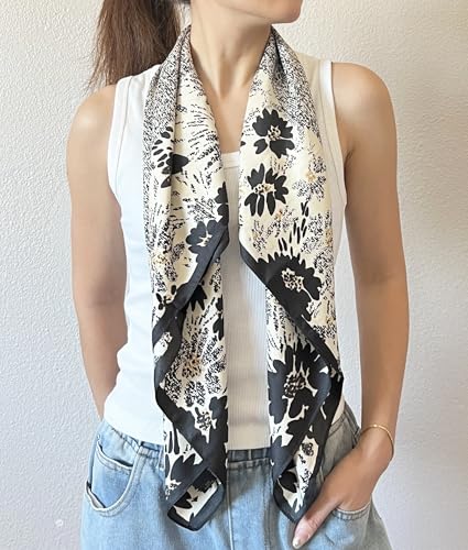 stylesilove Women Floral Print Silk Like Scarf Square Neckerchief Soft Bandana Small Shawl Neck Wraps for All Season