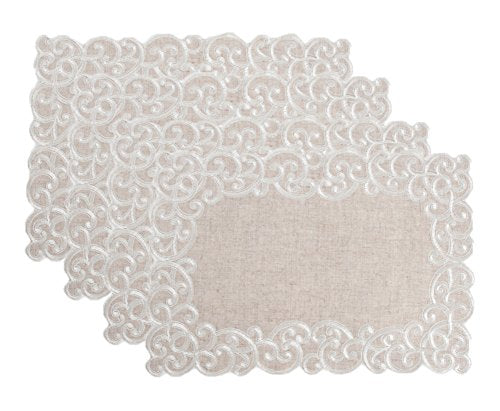 Fennco Styles Embroidered Scallop Design Natural Linen Blend Tablecloth