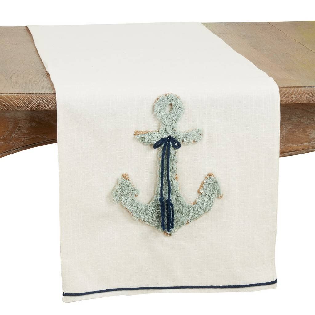 Fennco Styles Nautical Anchor Appliqué Table Runner 16 x 72 Inch – Blue Coastal Table Runner for Home, Dining Room, Banquets, Family Gatherings and Special Events