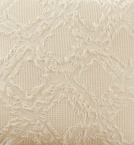 Fennco Styles Waffle Weave Fringe Reversible Cotton Decorative Throw Pillow 22" W x 22" L - Ivory Woven Square Cushion for Home, Couch, Living Room, Bedroom, Office and Holiday Décor