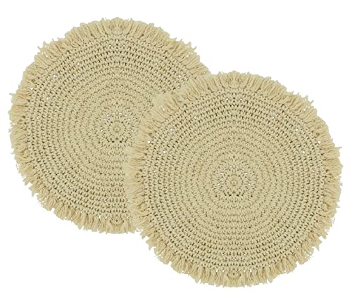 Fennco Styles Boho Macrame Cotton Placemats 15" Round, Set of 2 - Natural Braided Fringe Table Mats for Home, Dining Room, Banquets, Family Gathering and Special Events