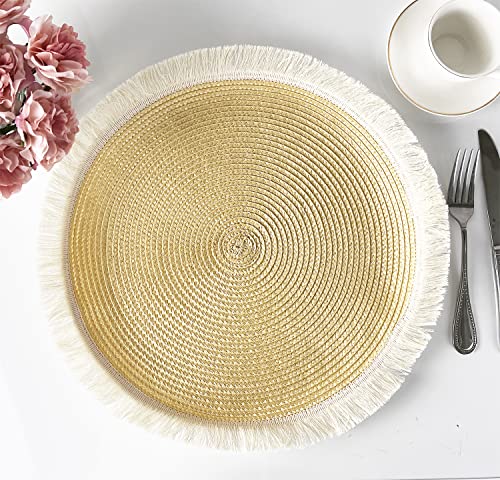 Fennco Styles Hand Braided Fringe Boho Placemats 15 Inch Round, Set of 4 - Beige & White Woven Textured Table Mats for Home, Dining Room, Banquets, Family Gathering and Special Occasion
