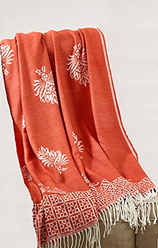 Fennco Styles Broderie Collection Baroque Medallion Pattern Tasseled 50 x 60 Inch Throw – Persimmon Throw Blanket for Couch, Bedroom and Living Room Décor