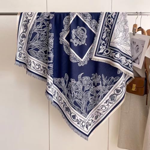 stylesilove Women Navy Blue Floral Reversible Cashmere Scarf Warm Ultra Soft Square Shawl Lightweight Wraps for Autumn and Winter