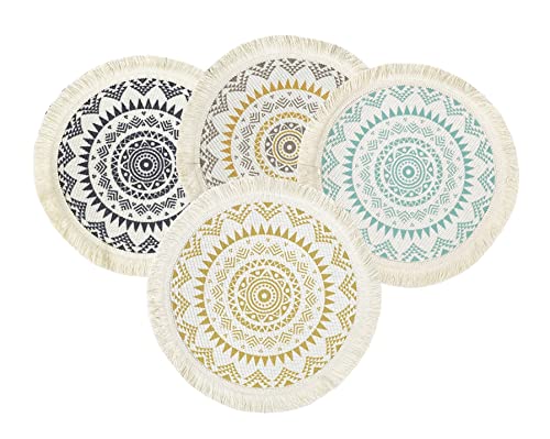 Fennco Styles Boho Mandala Fringe Decorative Cotton Placemats 13-inch Round, Set of 4 - Grey Heat Resistant Insulation Table Mats for Home Decor, Dining Table, Banquets and Special Events