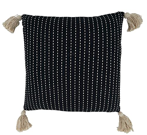 Fennco Styles Line-Stitch Tassel Cotton Decorative Throw Pillow 18" W x 18" L - Black Square Cushion for Home, Couch, Office, Bedroom and Living Room Décor