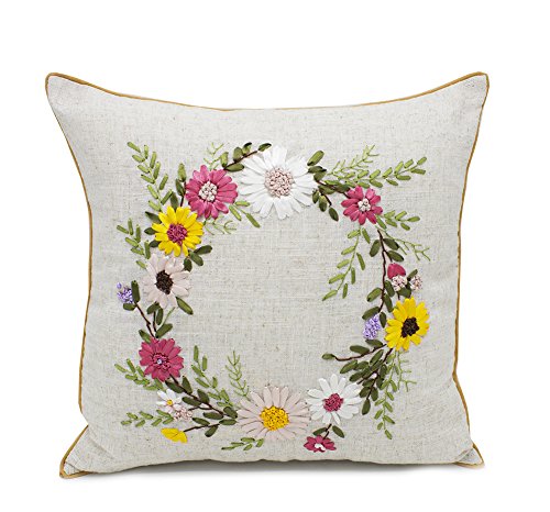 Fennco Styles Handmade Ribbon Embroidery Flower Decorative Linen Table Runner Throw Pillow