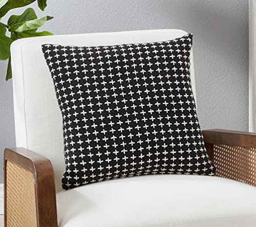 Fennco Styles Cross Stitched Cotton Decorative Throw Pillow Cover 18" W x 18" L - Black Woven Cushion Case for Home, Couch, Living Room, Bedroom, Office and Holiday Décor
