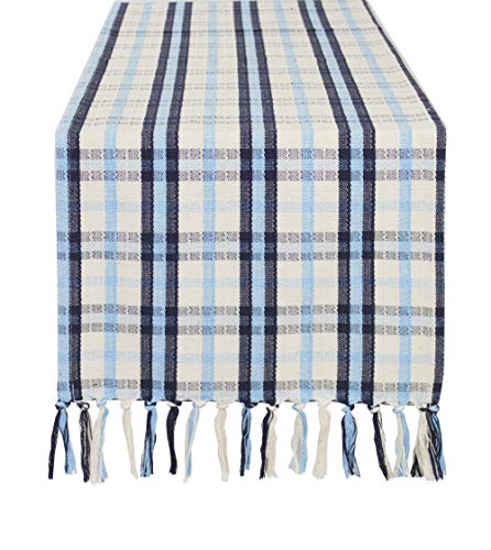 Fennco Styles Woven Tartan Plaid Tassels Cotton Blend Tablecloth - Blue and Ivory 55 x 55 inch Square Table Cover for Banquets, Holiday, Special Events and Home Décor