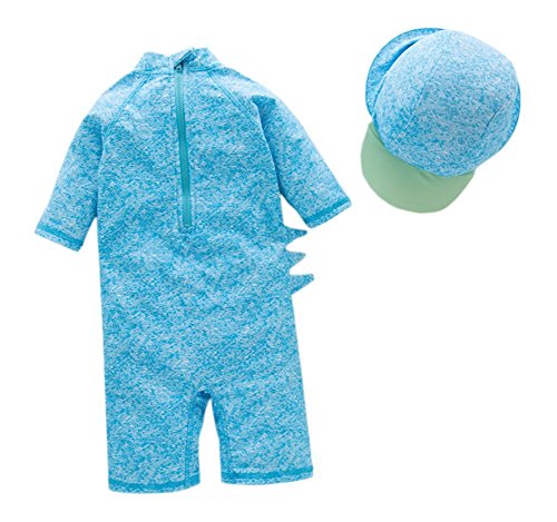 stylesilove Little Boys Cute Dinosaur One-Piece Rash Guard with Sun Hat 2 pcs Blue Swimsuit Beach Swimwear