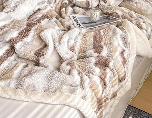 Fennco Styles Beige Stripe Fuzzy Faux Fur Fleece Throw Blanket 60" W x 80" L – Reversible Plush Fluffy Soft Blanket for Home, Couch, Bedroom, Living Room, Office, and Holiday Décor
