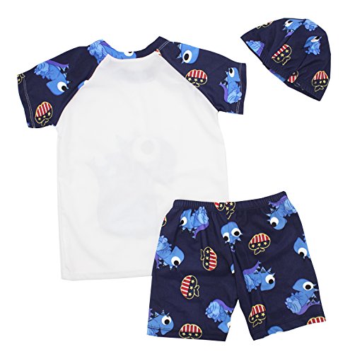 stylesilove Kids Boy Cartoon Dinosaur Shark Rashguard Top & Swim Shorts with Hat 3 pcs Set