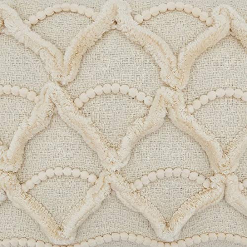 Fennco Styles Delicate Tufted Fringe Applique Cotton Decorative Throw Pillow Cover & Insert 12 x 18 Inch - Ivory Accent Cushion for Home, Couch, Living Room and Everyday Décor