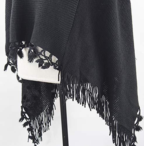 stylesilove Women Color Block Fringe Tassel Poncho Sweater Pullover Cardigan Wrap Topper for Warm Seasons