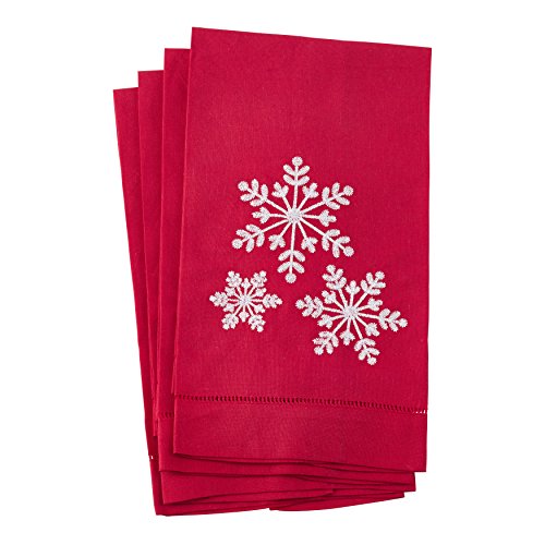 Fennco Styles Embroidered Snowflake Hemstitched Linen Cotton Guest Towel 14"x22" - Set of 4