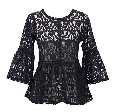 stylesilove Women's 3/4 Bell Sleeves Lace Blouse Dressy Casual Tunic Top