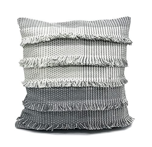Fennco Styles Two Tone Fringe Cotton Decorative Throw Pillow Cover & Inset 18" W x 18" L - Multicolored Cushion for Home, Couch, Bedroom, Living Room and Office Décor