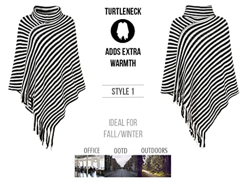 stylesilove Women Autumn Winter Knit Striped Turtleneck Fringe Poncho Pullover Shawl Warm Soft Wrap Lightweight Cape