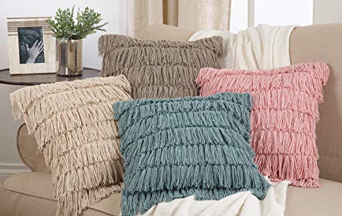 Fennco Styles Bohemian Woven Fringes Down Filled 18 x 18 Inch Cotton Throw Pillow with Case & Insert - Natural Throw Pillow for Couch, Living Room and Bedroom Décor
