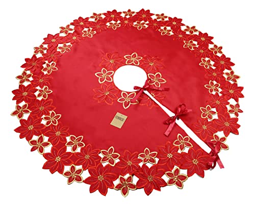 Fennco Styles Embroidered Poinsettia Cutwork Red Christmas Tree Skirt 68 Inch Round for Home, Holiday Decoration and Special Occasion