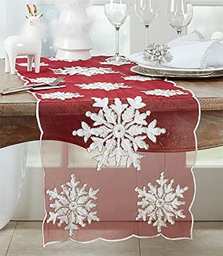 Fennco Styles Du Froid Collection Christmas Embroidery Beaded Snowflake 54 x 54 Inch Tablecloth – Red Table Cover for Holiday Dinner, Family Gathering, Special Events, Home Décor
