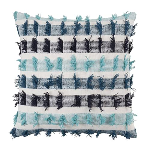 Fennco Styles Boho Striped Fringe Cotton Decorative Throw Pillow 20" W X 20" L – Blue Textured Cushion for Couch, Sofa, Bedroom, Office and Living Room Décor