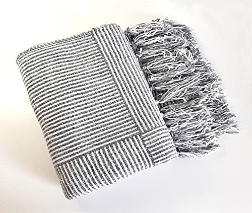 Fennco Styles Chenille Woven Striped Tassel Throw Blanket 50" W x 60" L - Grey Soft Blanket for Bed, Couch, Sofa, Home, Office and Holidays Décor
