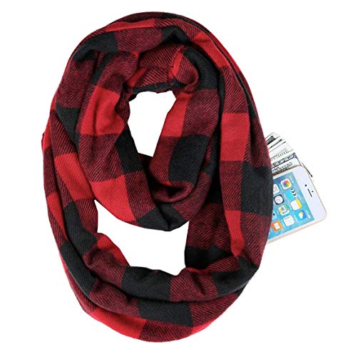 stylesilove Winter Plaid Infinity Scarf with Hidden Zipper Pocket Fashion Travel Scarf for Women and Men