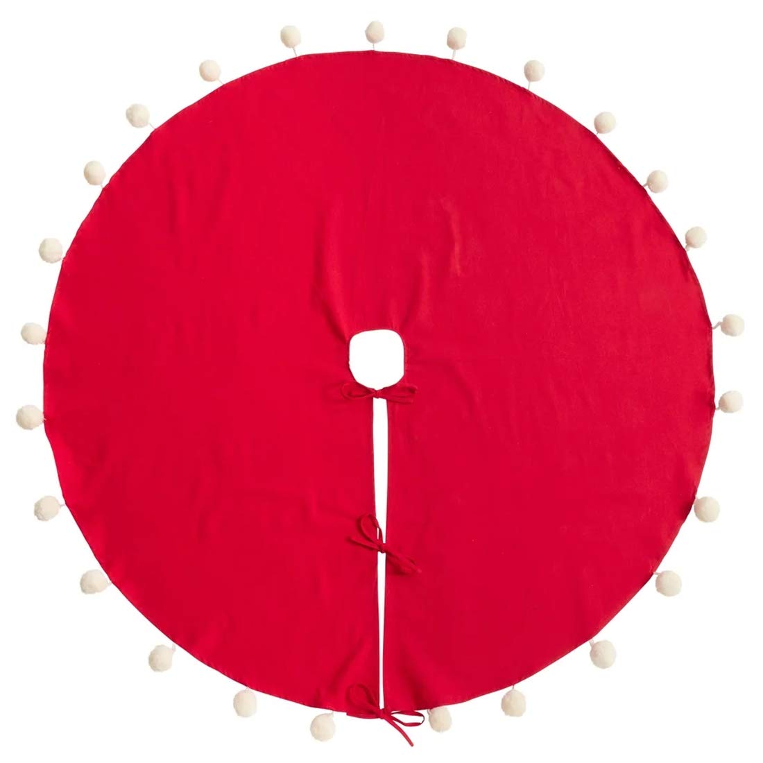 Fennco Styles Holiday Pom Pom Trim Christmas Tree Skirt - Red Cotton Tree Skirt for Home, Holiday Tree, Indoor Outdoor and Special Occasion