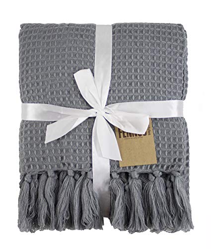 Fennco Styles Classic Waffle Weave Tassel Trim 50 x 60 Inch Throw - Grey Throw Blanket for Couch, Bedroom and Living Room Décor