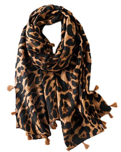 stylesilove Women Elegant Classic Leopard Print Lightweight Cotton Tassel Scarf Wrap Autumn Winter Large Shawl Scarf