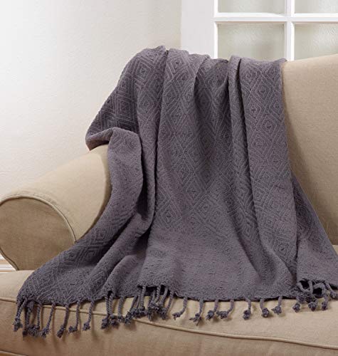 Fennco Styles Solid Color Diamond Weave Tassel 100% Cotton Ultra Soft Throw Blanket, 50" x 60", Grey