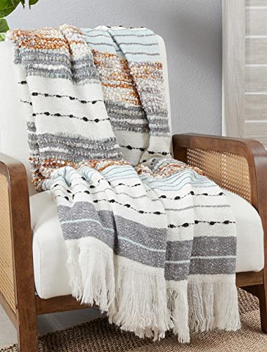 Fennco Styles Chunky Woven Striped Throw Blanket with Fringe 50" W x 60" L - Grey Textured Blanket for Couch, Bedroom, Living Room and Office Décor
